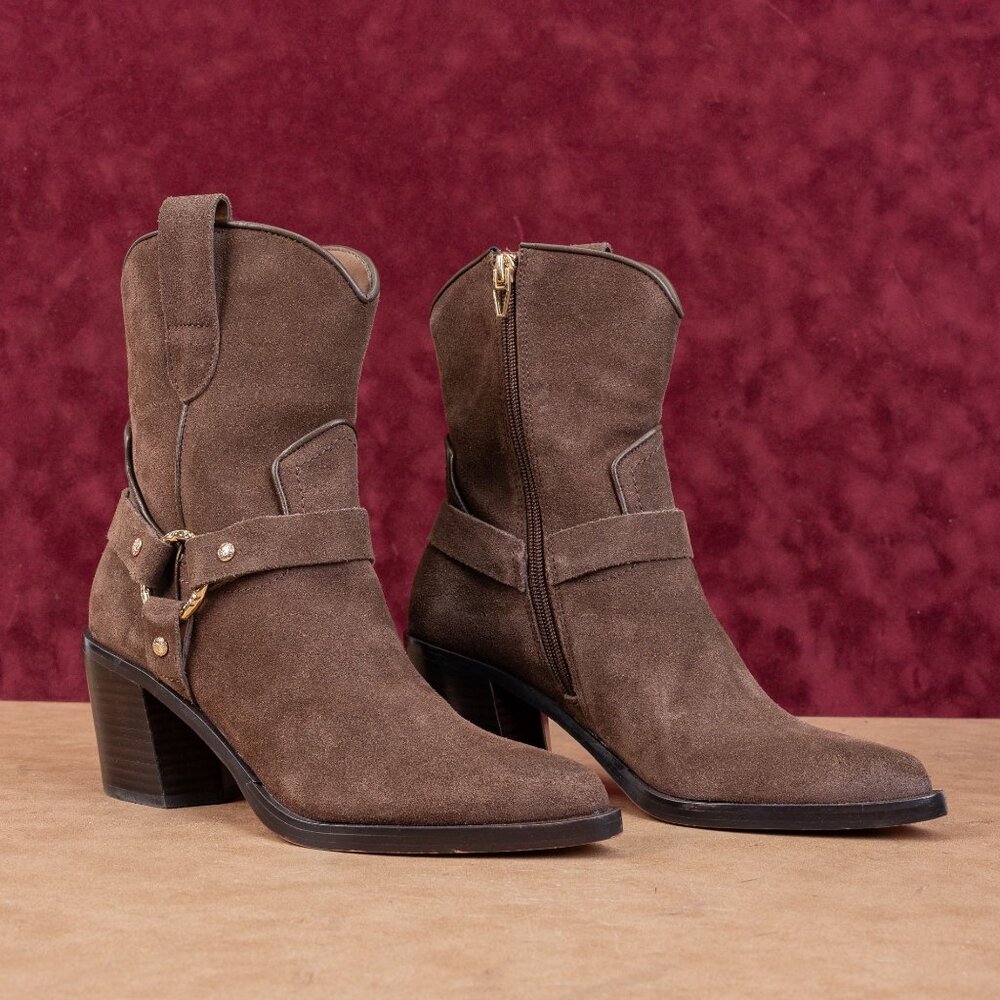 Dolce Vita Women Kenzen Dark Brown Suede Harness Pointy Toe Ankle Boots sz 5.5